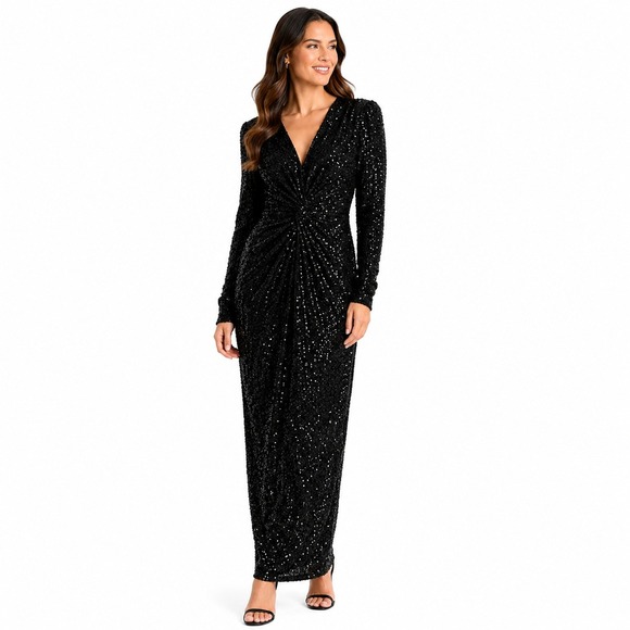 Express Dresses & Skirts - Express Sequin Midi Dress Womens Small‎ Black Ruched V-Neck Long Sleeve Glam NEW